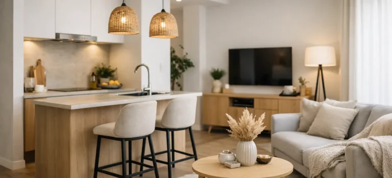 Cocina abierta al salón pequeña bien resuelta